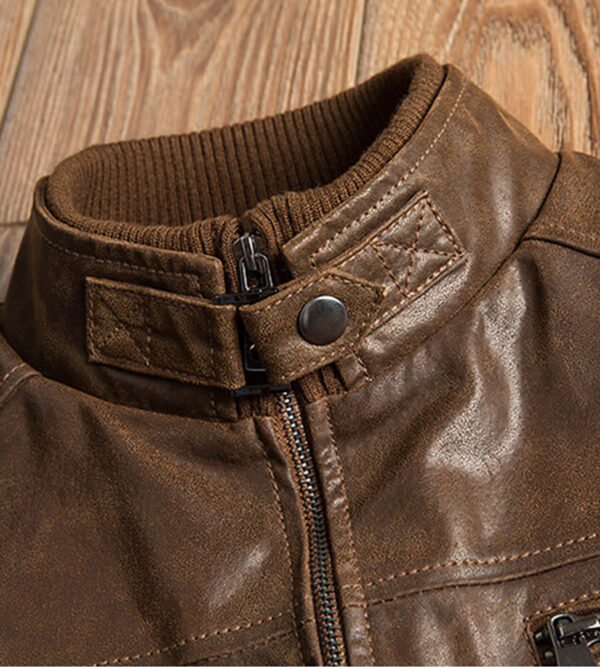 Men's Brown Bomber Leather Jacket with Rib Collar