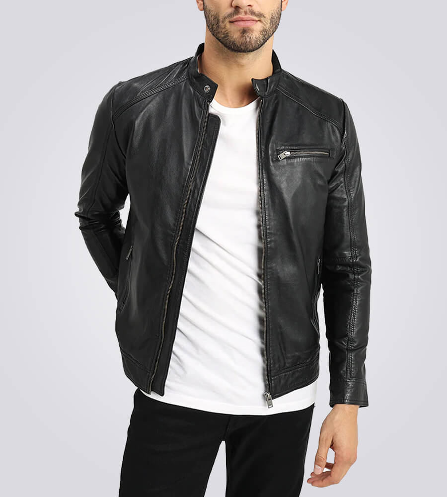 Men’s Classic Black Cafe Racer Leather Jacket