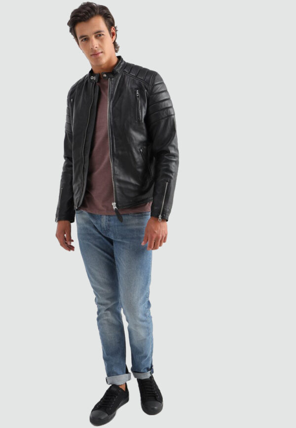 Vieno Mens Cafe Racer Leather Jacket