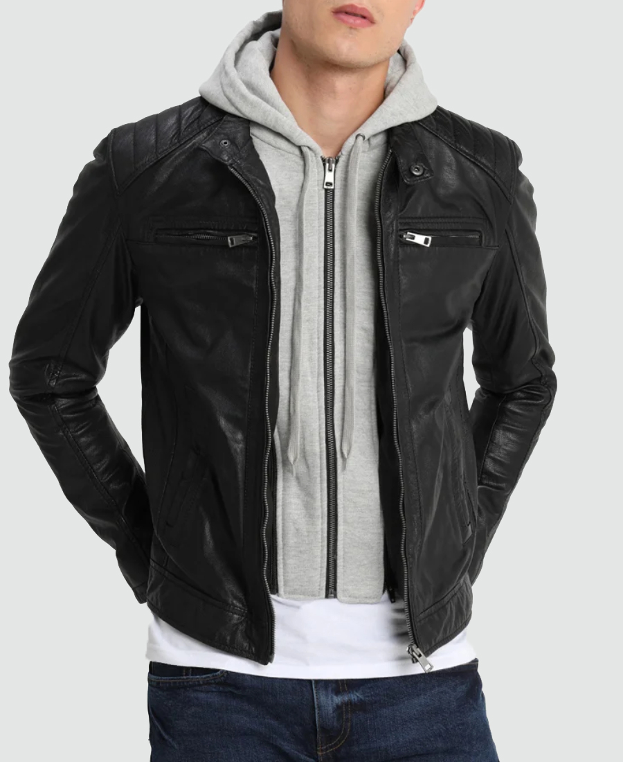Mens Leo Hooded Cafe Racer Black Leather Jacket