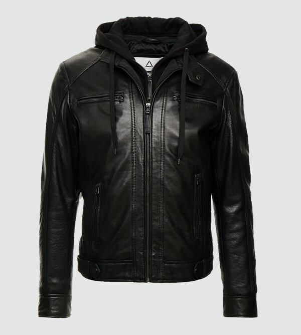 Nils Black Hooded Biker Leather Jacket