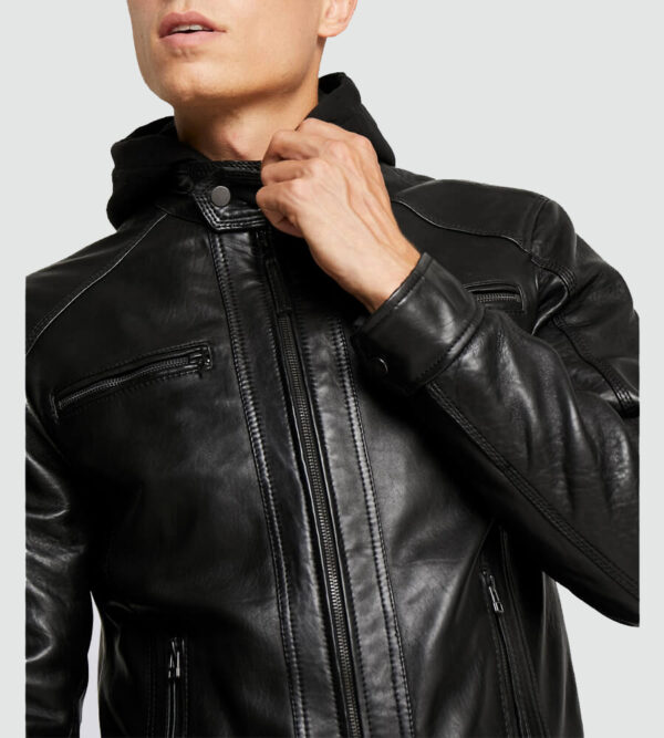 Nils Black Hooded Biker Leather Jacket