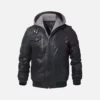 Men’s Black Bomber Leather Jacket with Hood