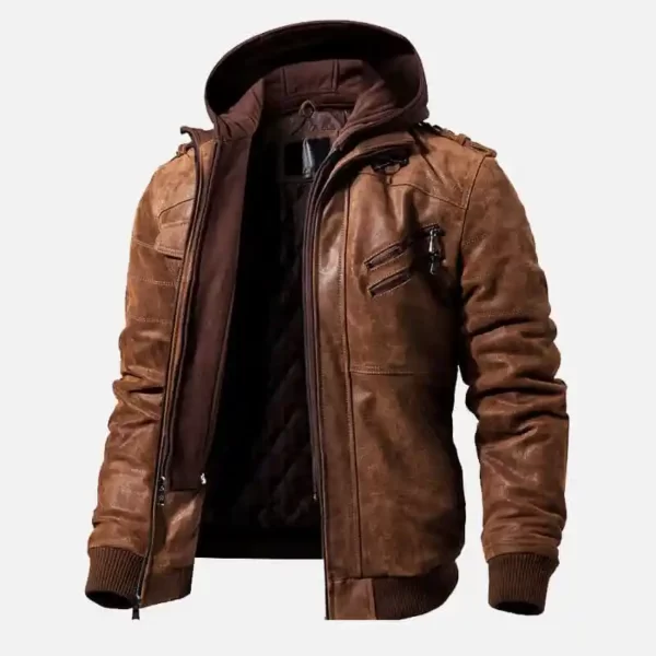 Mens-Brown-Motorcycle-Bomber-Leather-Jacket-with-Removable-Hood