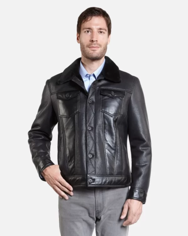 Calvin Mens Black Trucker Sheepskin Shearling Leather Jacket