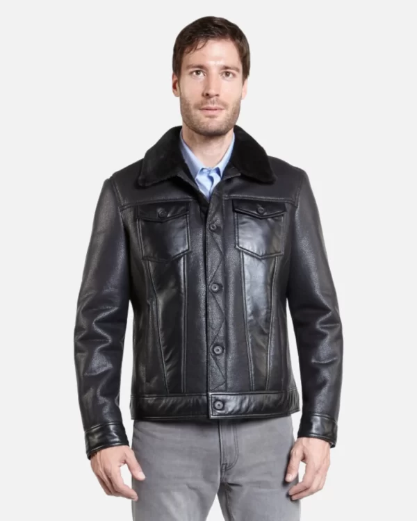 Calvin Mens Black Trucker Sheepskin Shearling Leather Jacket