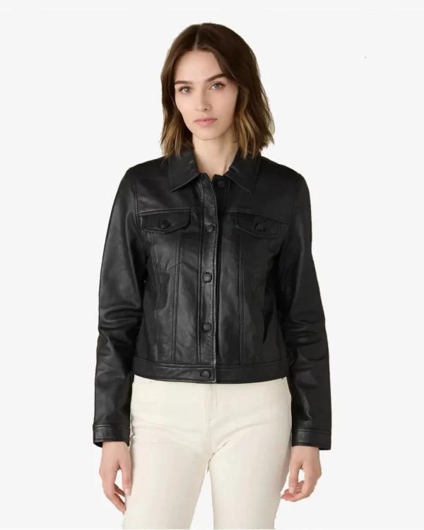 Denise Women Black Trucker Leather Jacket