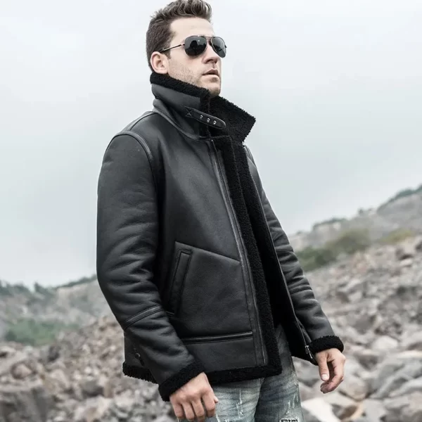 Men’s Shearling Leather Coat with Turn-Down Collar Winter Warm Jacket