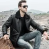 Men’s Shearling Leather Coat with Turn-Down Collar Winter Warm Jacket
