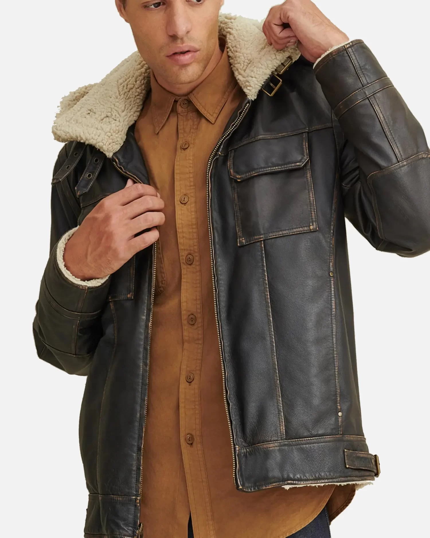 Brett Men Shearling Hooded Collar Leather Jacket