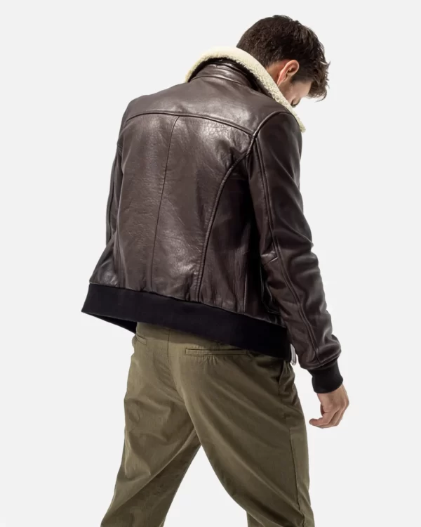 Levi Beige Shearling Fur Collar Brown Leather Jacket 02