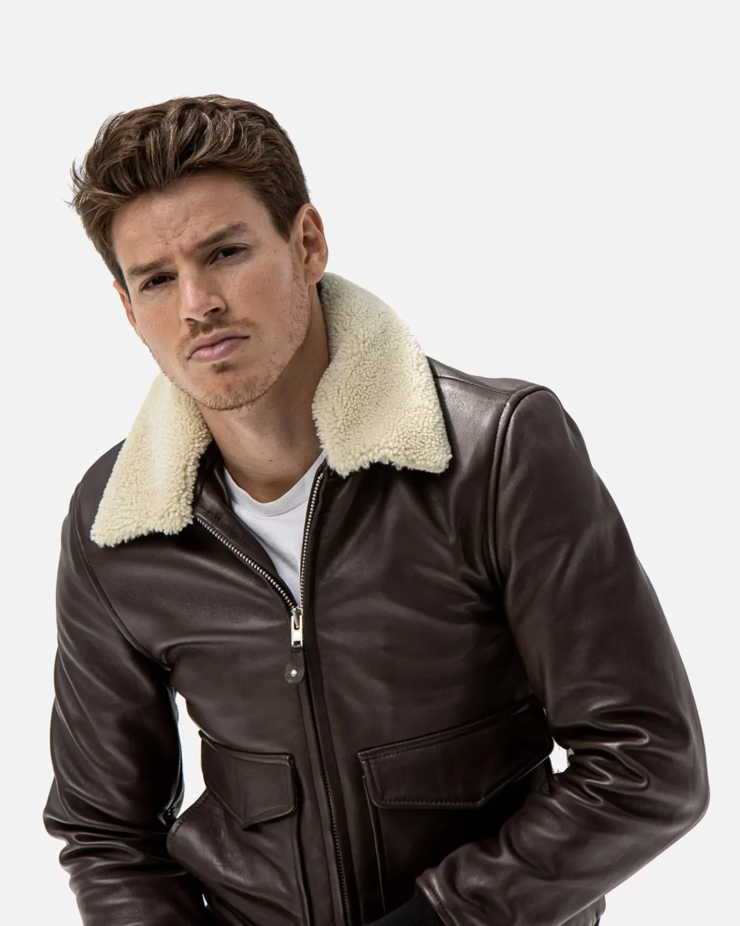 Levi Beige Shearling Fur Collar Brown Leather Jacket 03