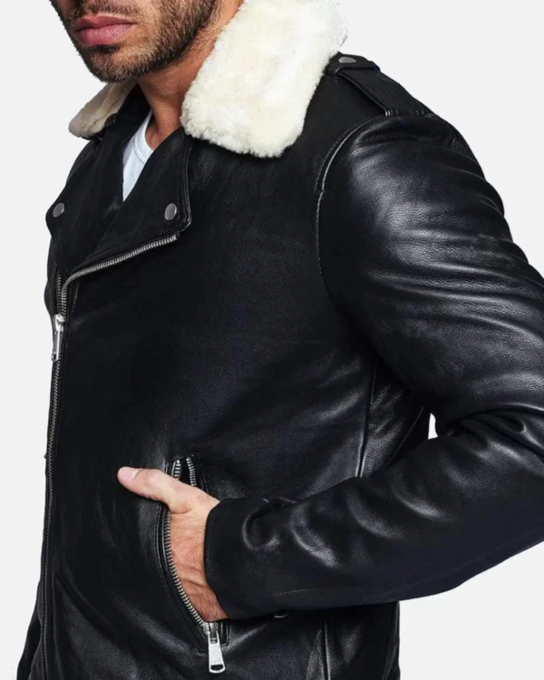 Men Fur Collared Black Biker Leather Jacket