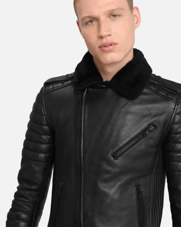 Men Quilted Black BIker Shearling Leather Jacket