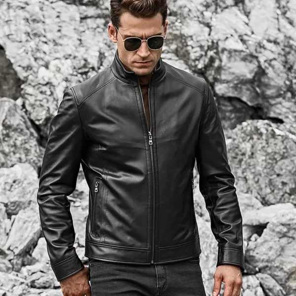 Men’s Real Black Leather Jacket with Short Standing Collar