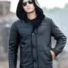 Mens Black Trench Shearling Hooded Leather Jacket