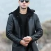Mens Black Trench Shearling Hooded Leather Jacket
