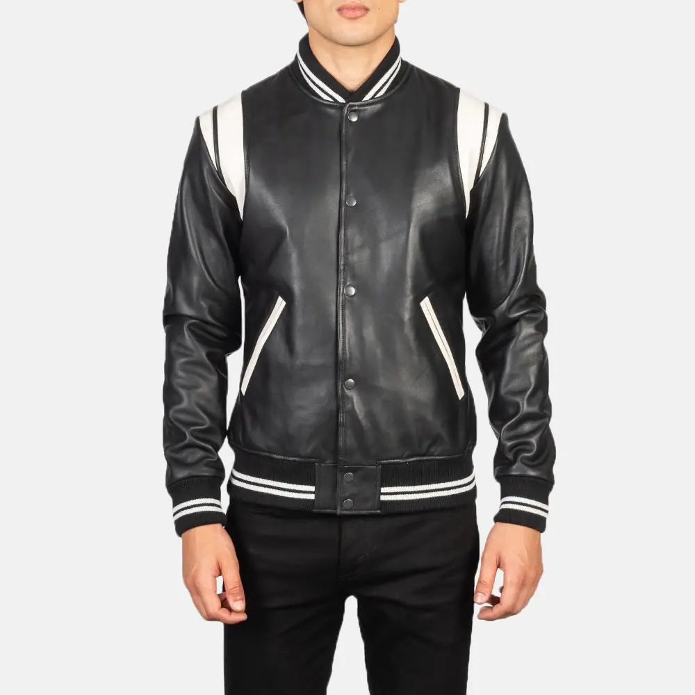 Mens-Black-White-Leather-Varsity-Jacket