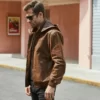 Men’s Motorcycle Bomber Leather Jacket With A Hood
