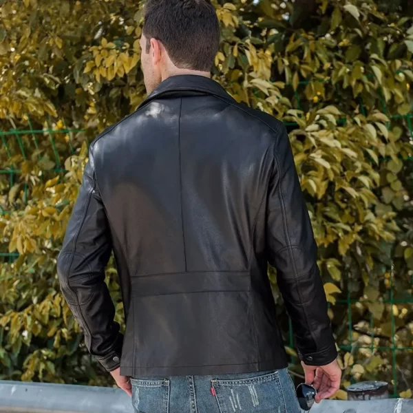 Men’s Basic Black Leather Jacket With Shirt Collar